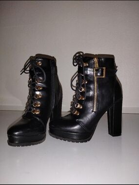 Black Lace-Up High Heel Ankle Boots with Gold Accents - Women